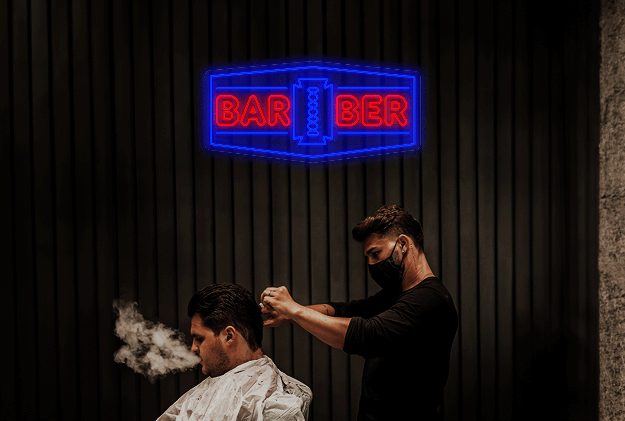 "Barber" with Border and Blade Logo LED Neon Sign