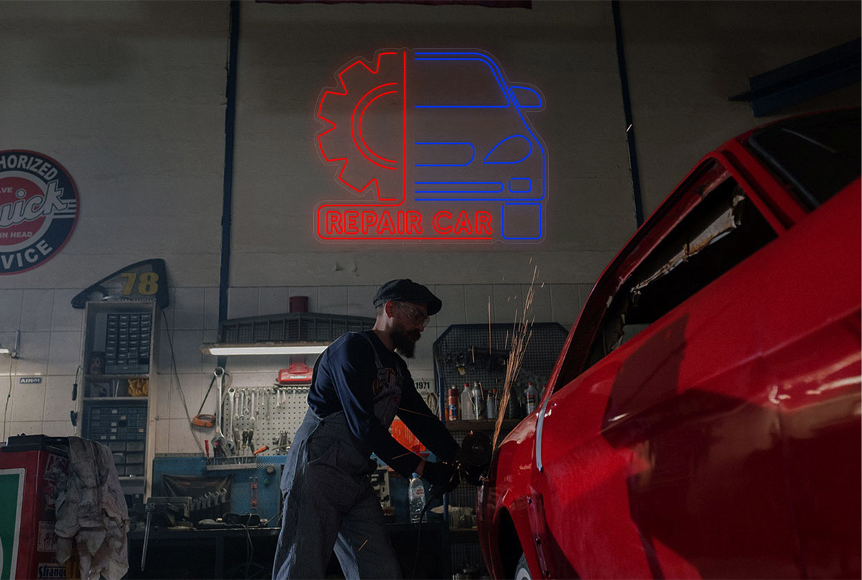 "Repair Car" Outlined with Logo LED Neon Sign