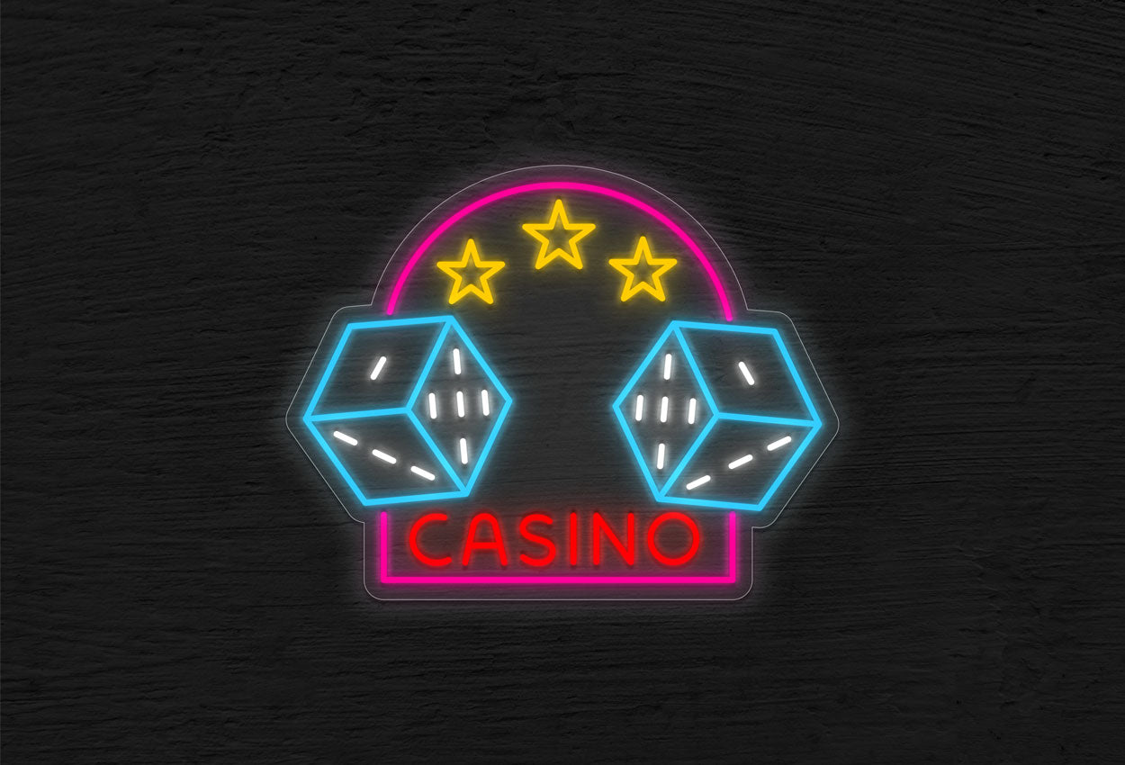 Casino with 2 Dice and 3 Stars LED Neon Sign