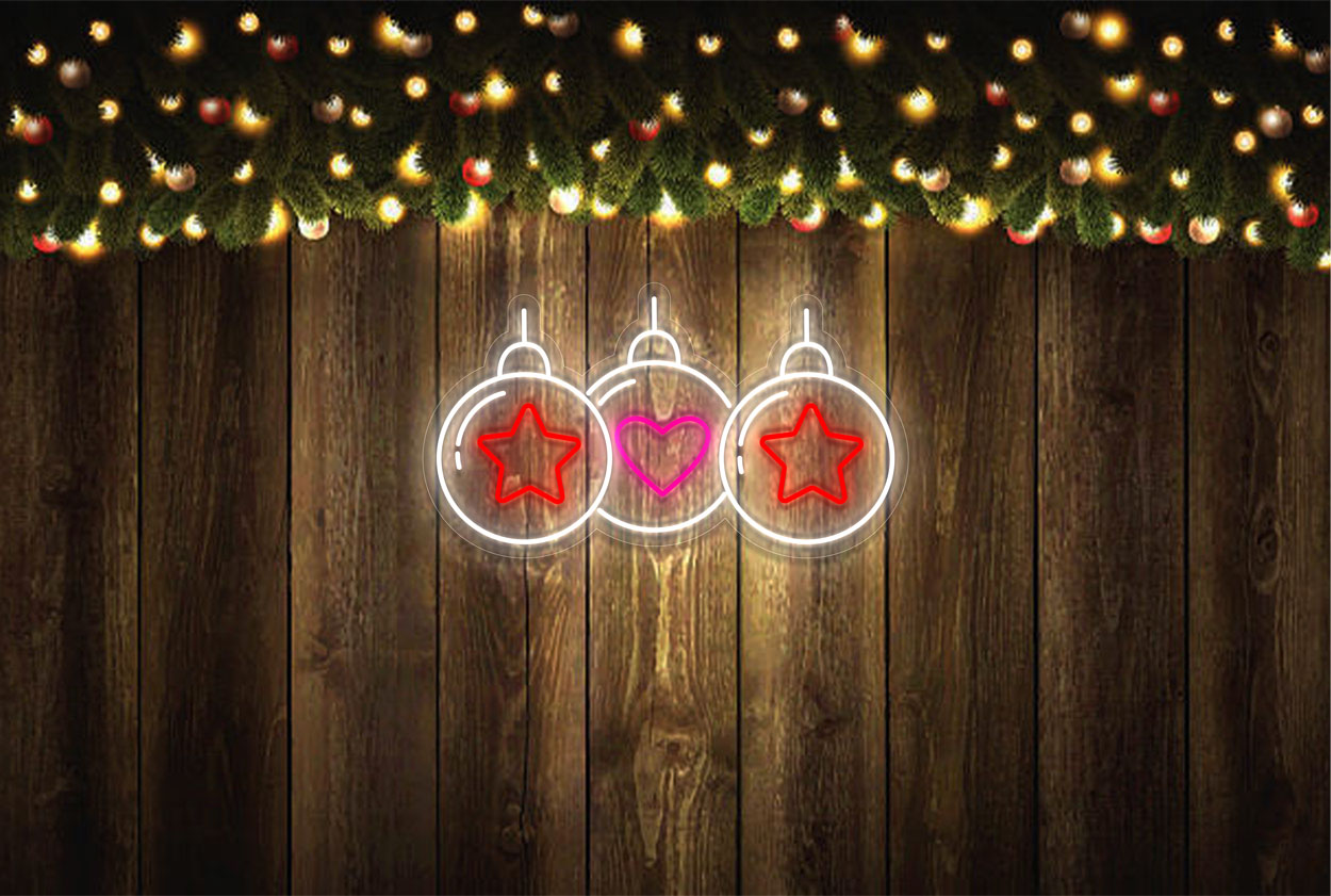 3 Christmas Balls with Stars and Heart Inside LED Neon Sign