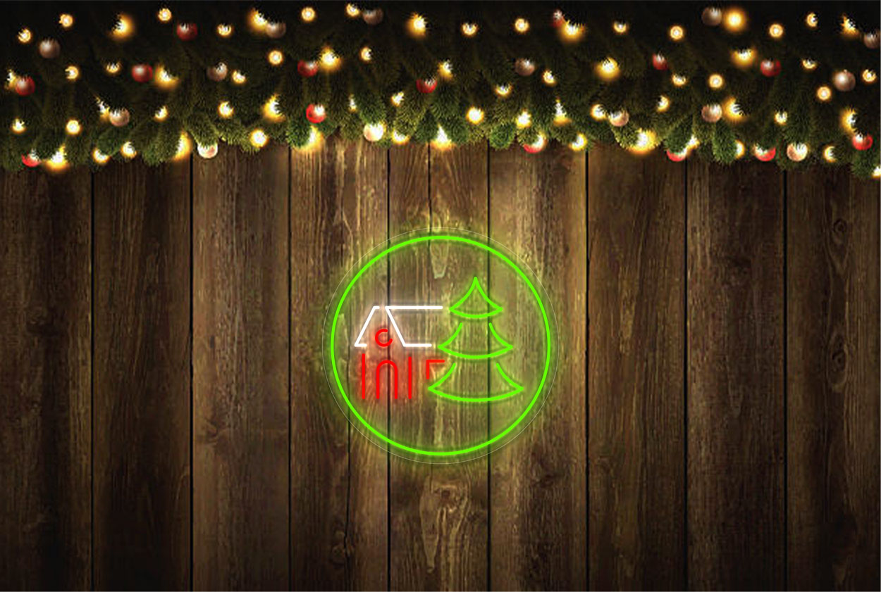 House and Christmas Tree in a Circle Border LED Neon Sign