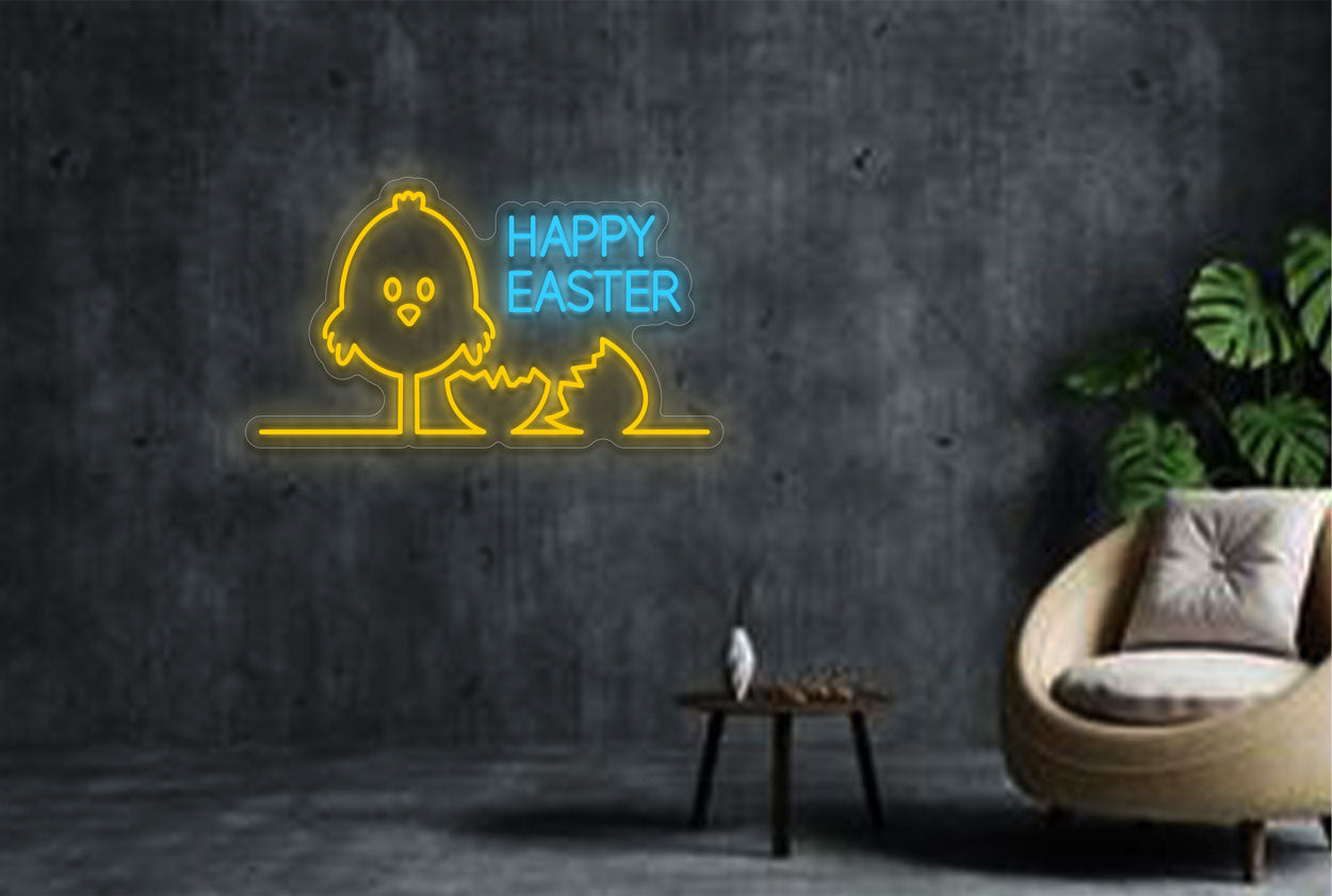 "Happy Easter" with Chicken and Cracked Egg LED Neon Sign