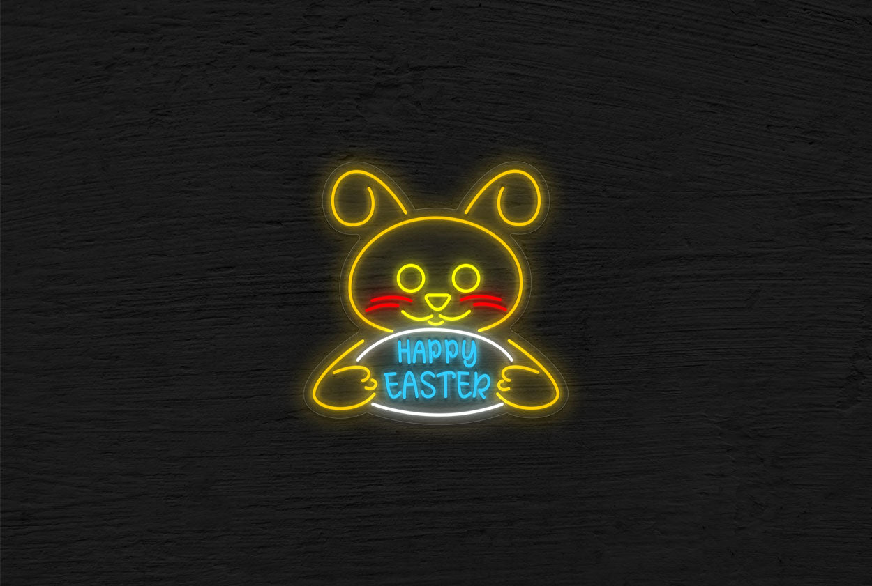 Bunny Holding "Happy Easter" inside the Egg and LED Neon Sign