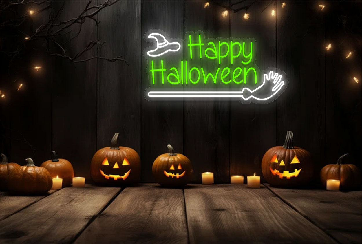 Happy Halloween with Broom Stick LED Neon Sign