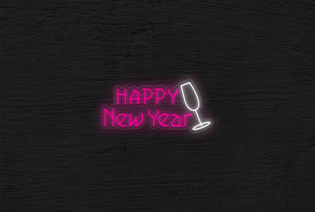"Happy New Year" with Glass Wine LED Neon Sign