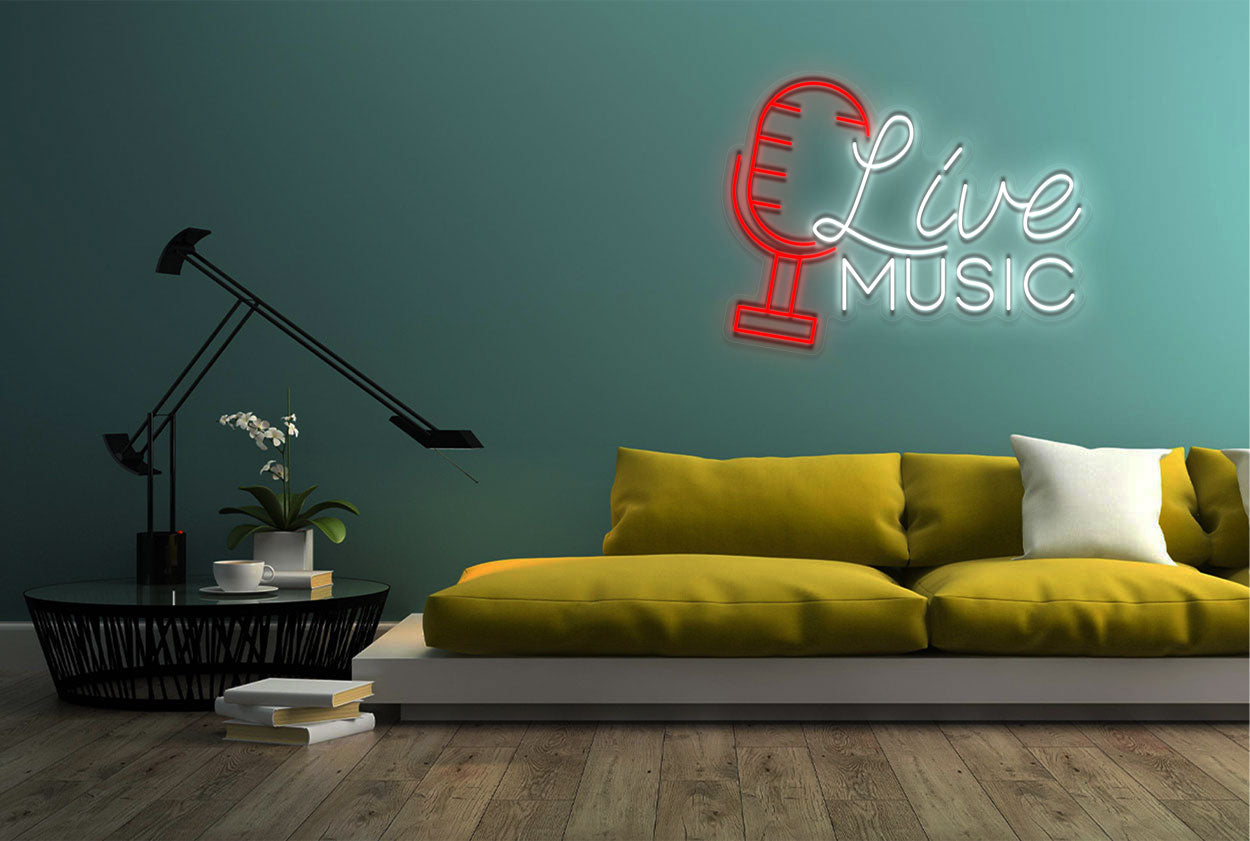 "Live Music" with Mic Logo  LED Neon Sign