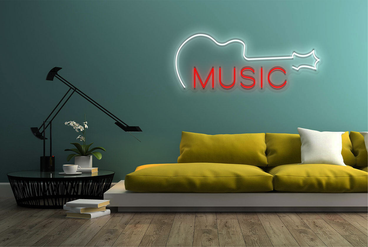 Guitar and "Music" 2 LED Neon Sign