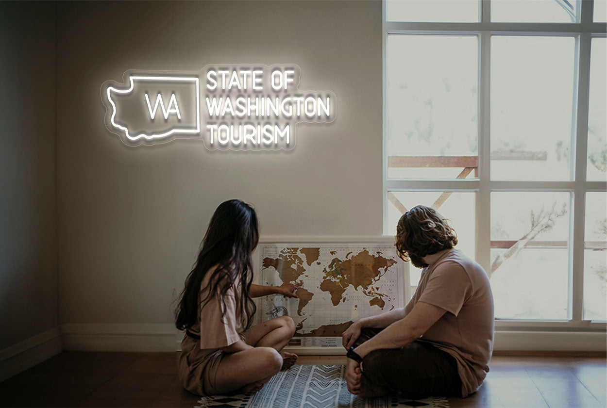 Map and WA State of Washington Tourism LED Neon Sign
