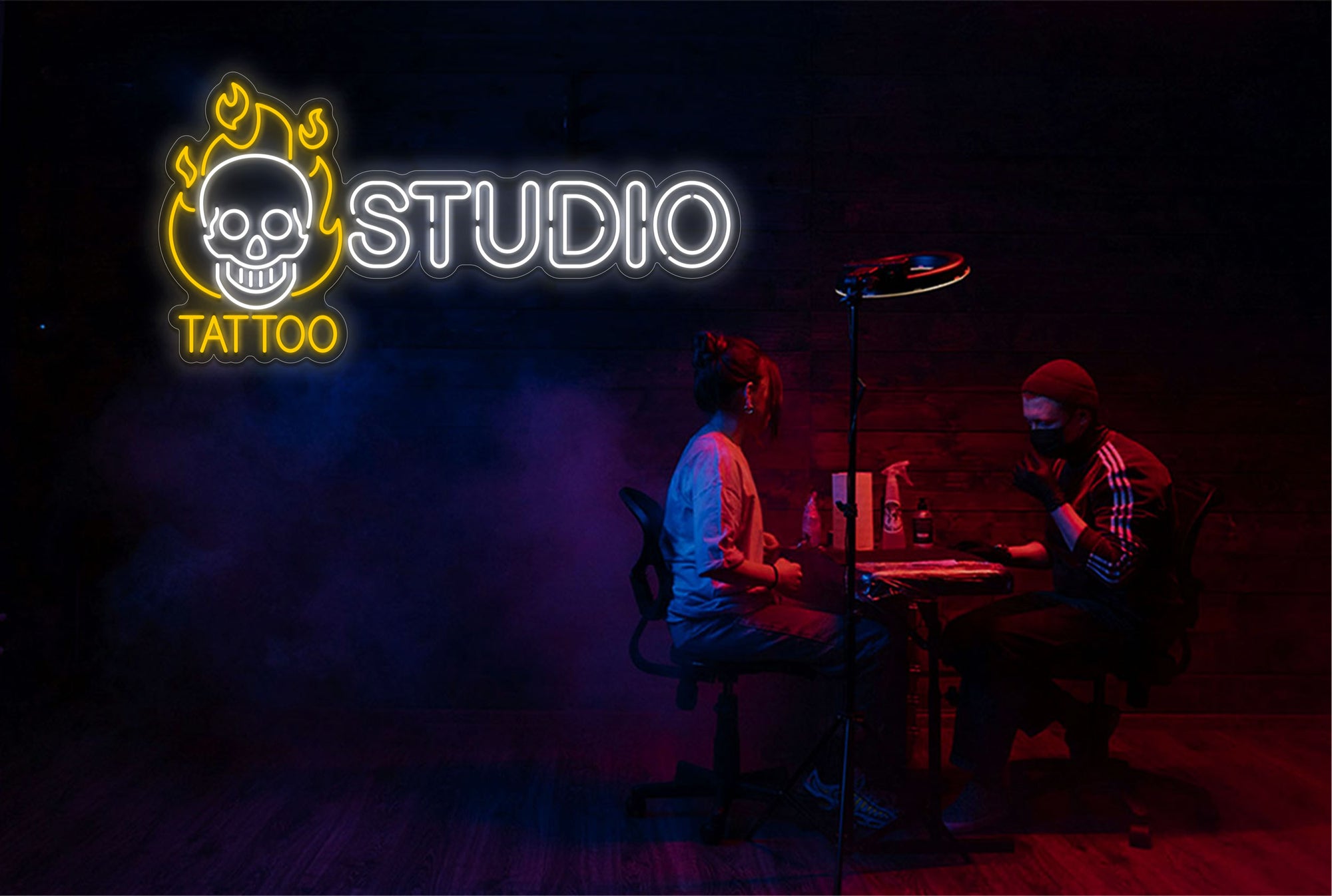 "Tattoo Studio" Skull on Fire LED Neon Sign
