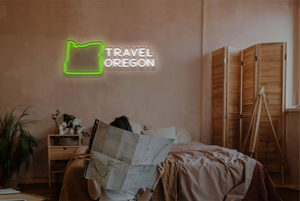 Map and "Travel Oregon" LED Neon Sign