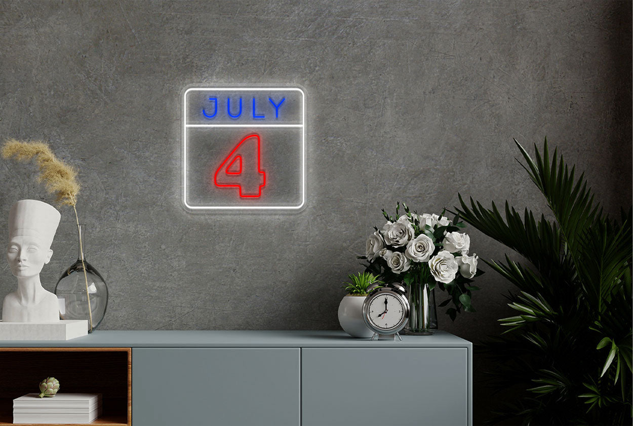 "July 4" inside a Calendar Border LED Neon Sign