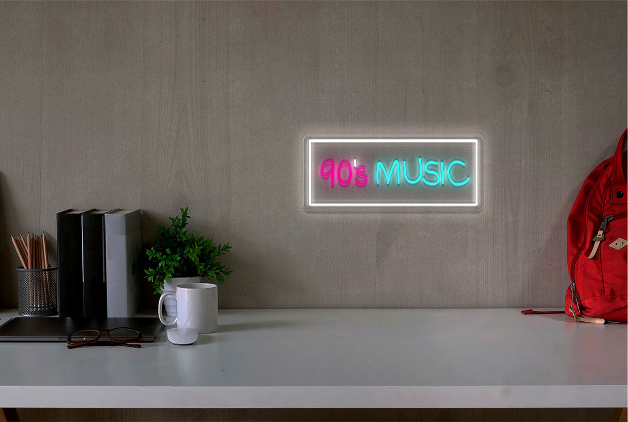 "90's Music" in Box Border LED Neon Sign