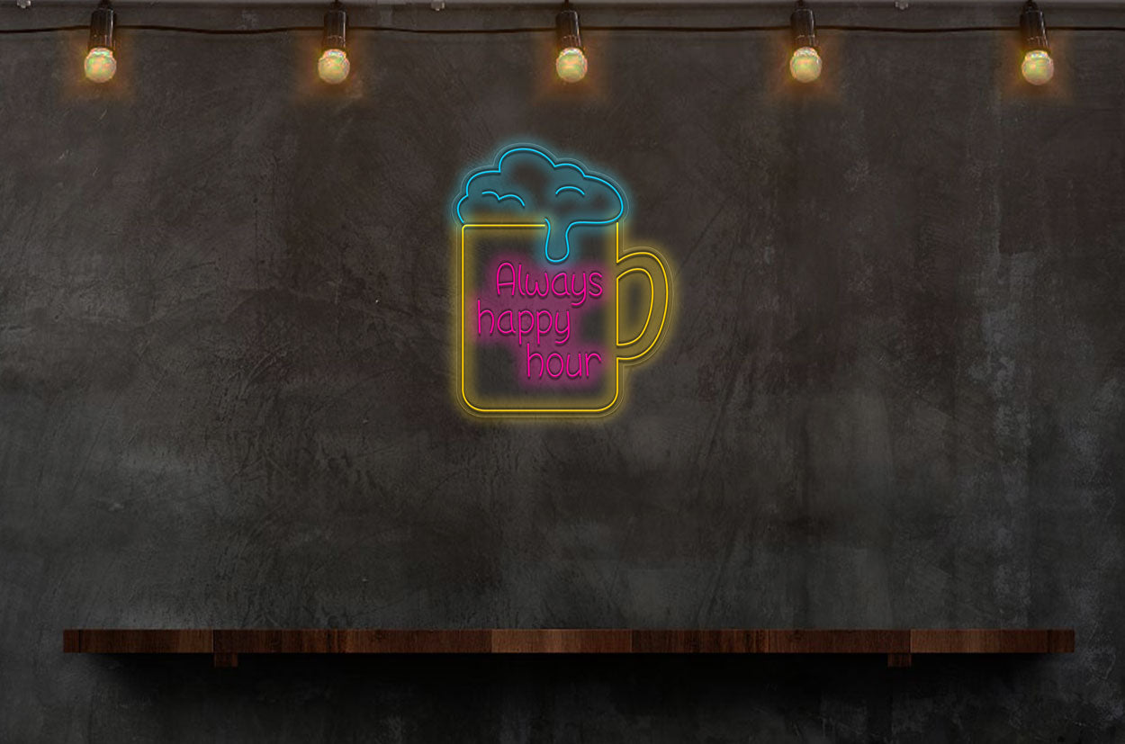 Always Happy Hour with Glass of Beer LED Neon Sign