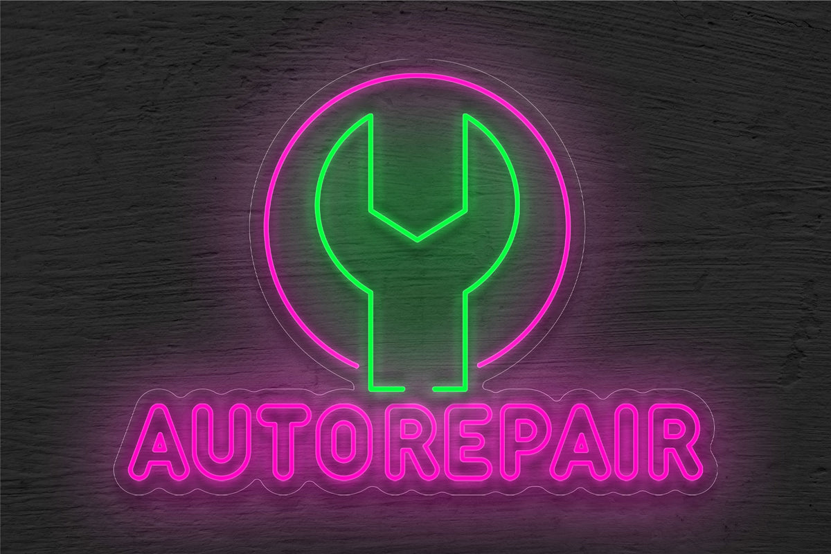 Outlined &quot;AutoRepair&quot; with Tool Inside a Circle Border LED Neon Sign