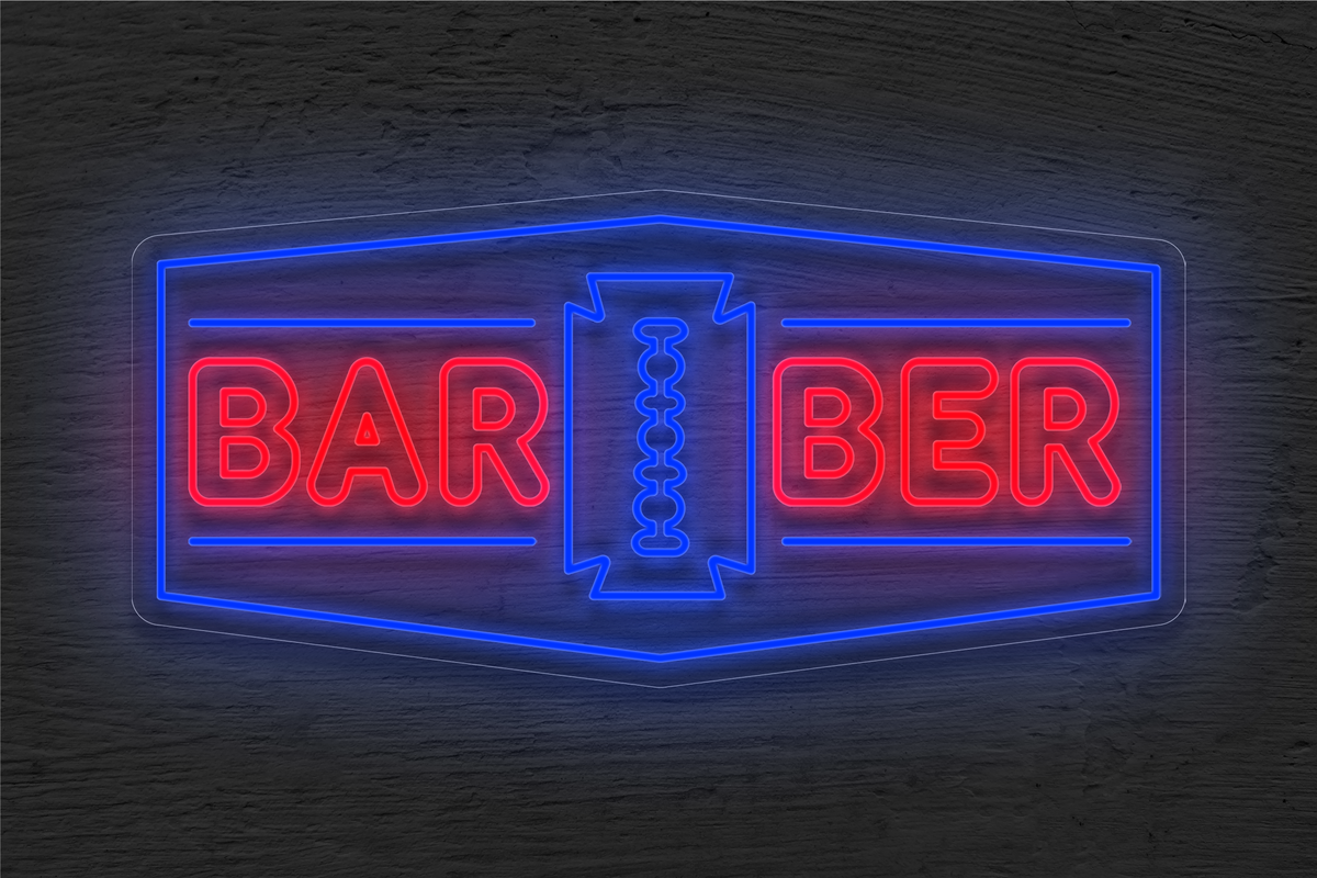 &quot;Barber&quot; with Border and Blade Logo LED Neon Sign