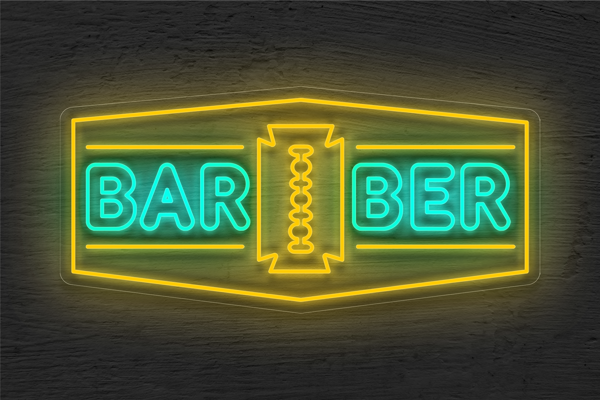 &quot;Barber&quot; with Border and Blade Logo LED Neon Sign