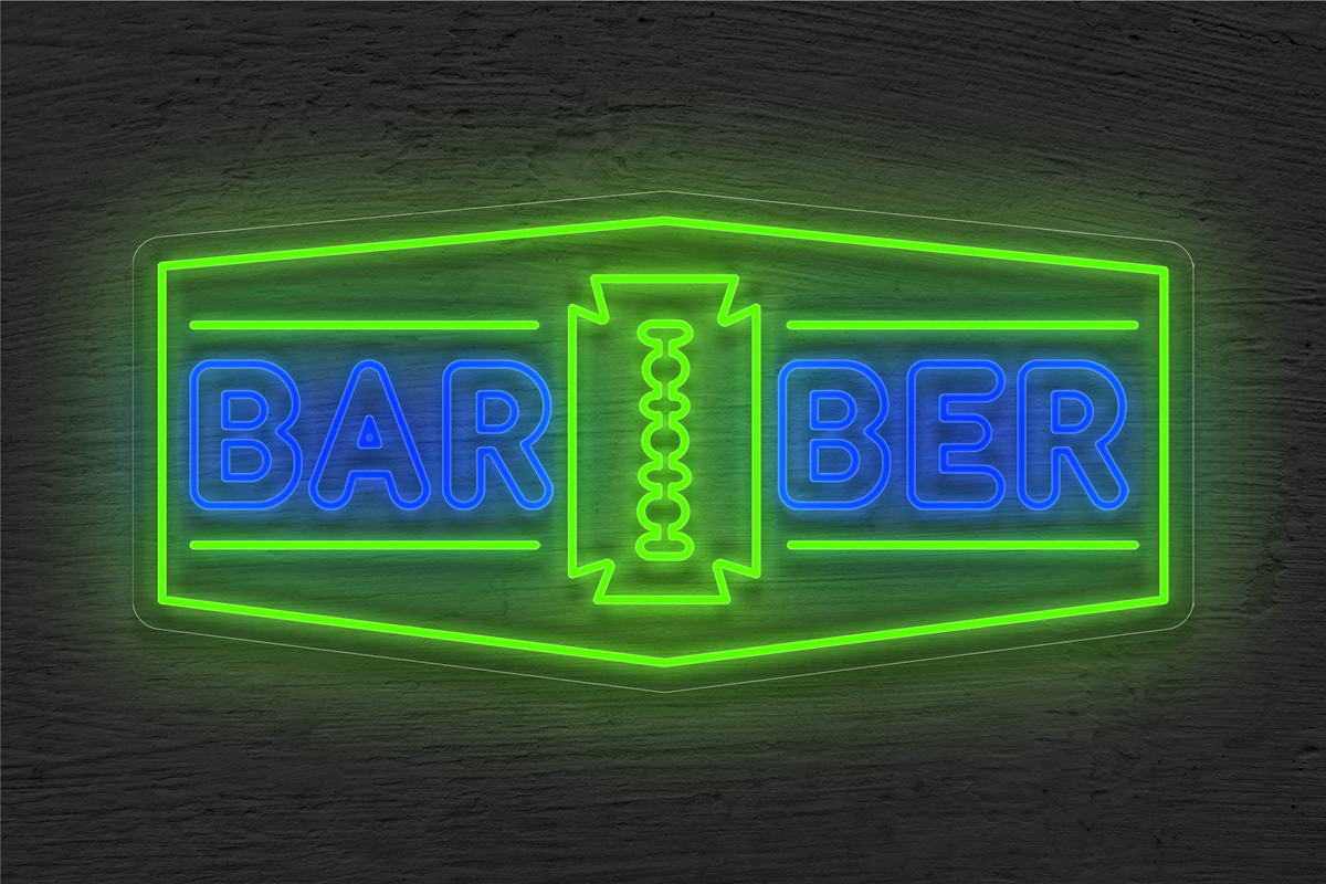 &quot;Barber&quot; with Border and Blade Logo LED Neon Sign