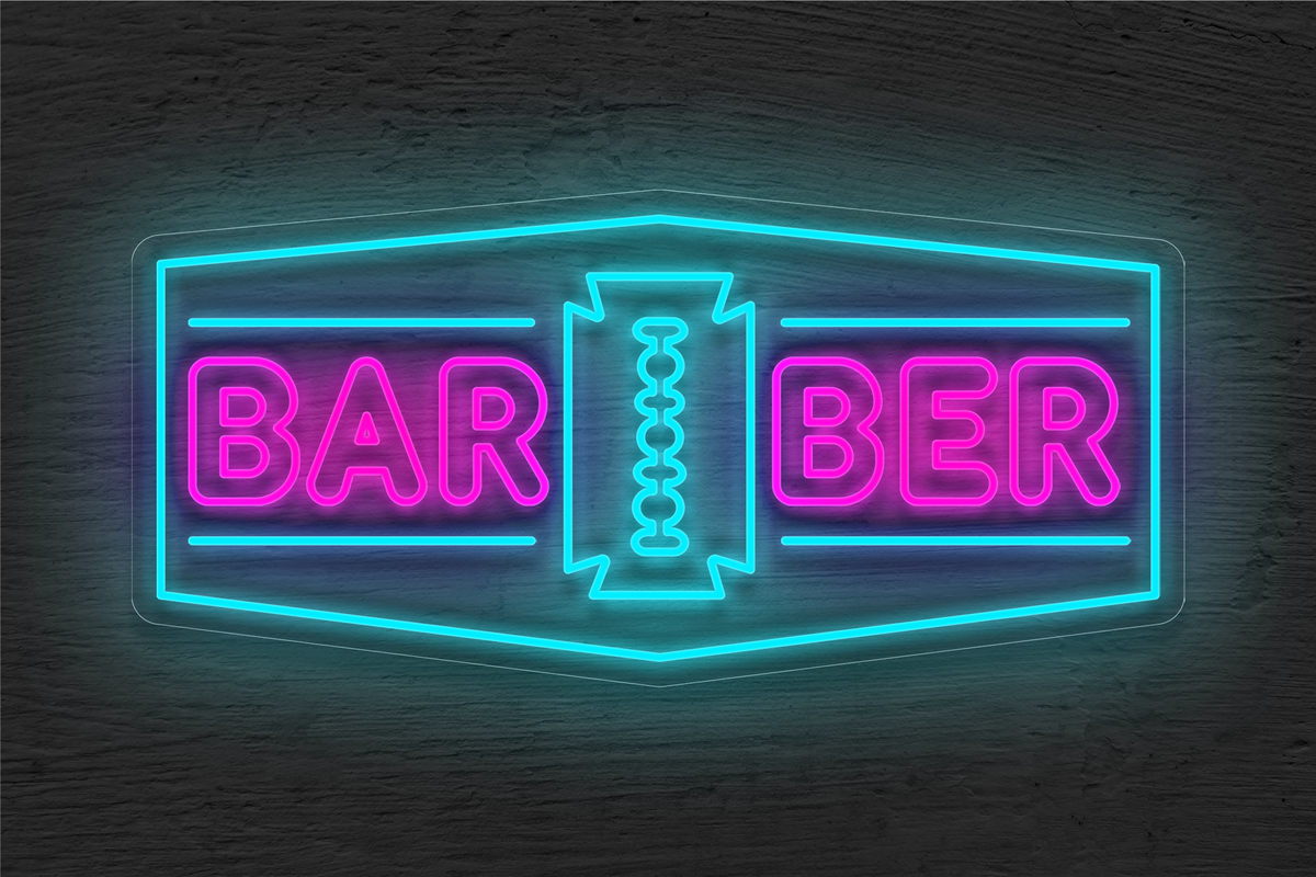 &quot;Barber&quot; with Border and Blade Logo LED Neon Sign