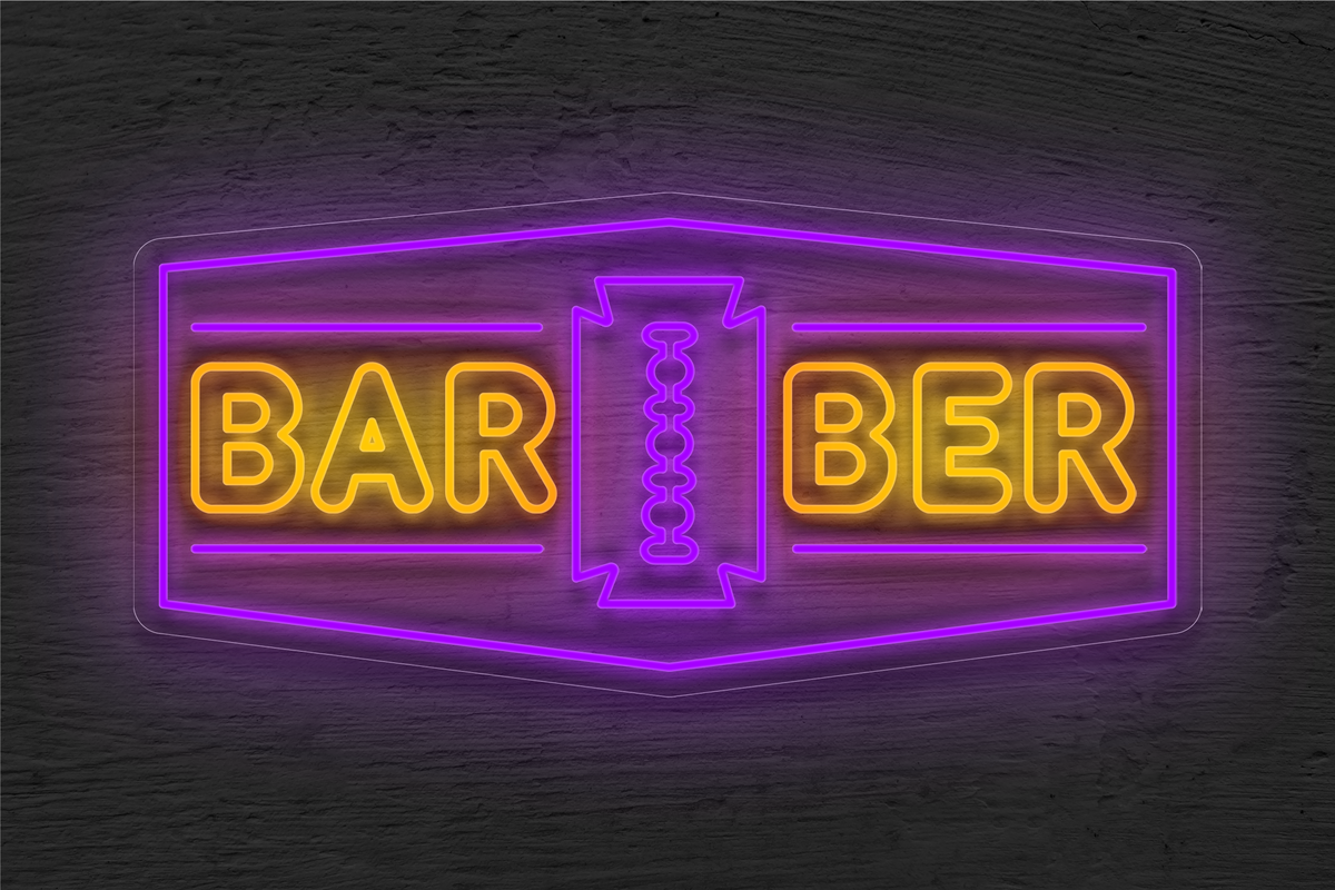 &quot;Barber&quot; with Border and Blade Logo LED Neon Sign
