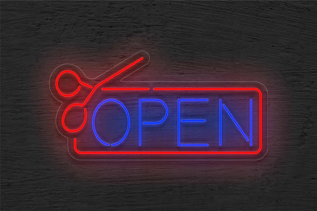&quot;OPEN&quot; with Border and Scissor LED Neon Sign