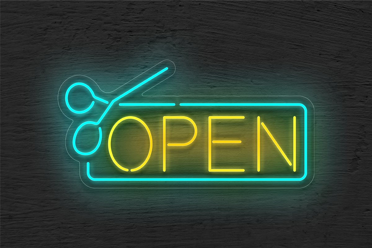 &quot;OPEN&quot; with Border and Scissor LED Neon Sign