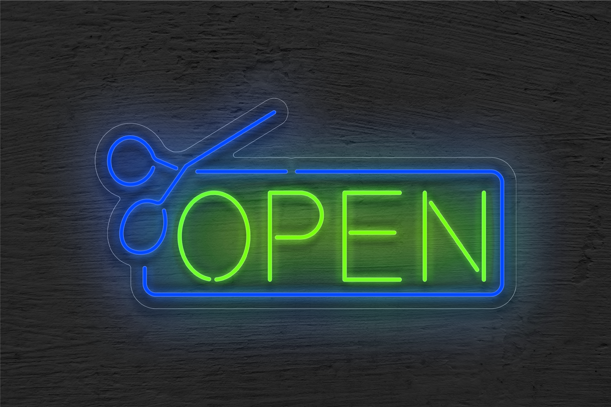 &quot;OPEN&quot; with Border and Scissor LED Neon Sign