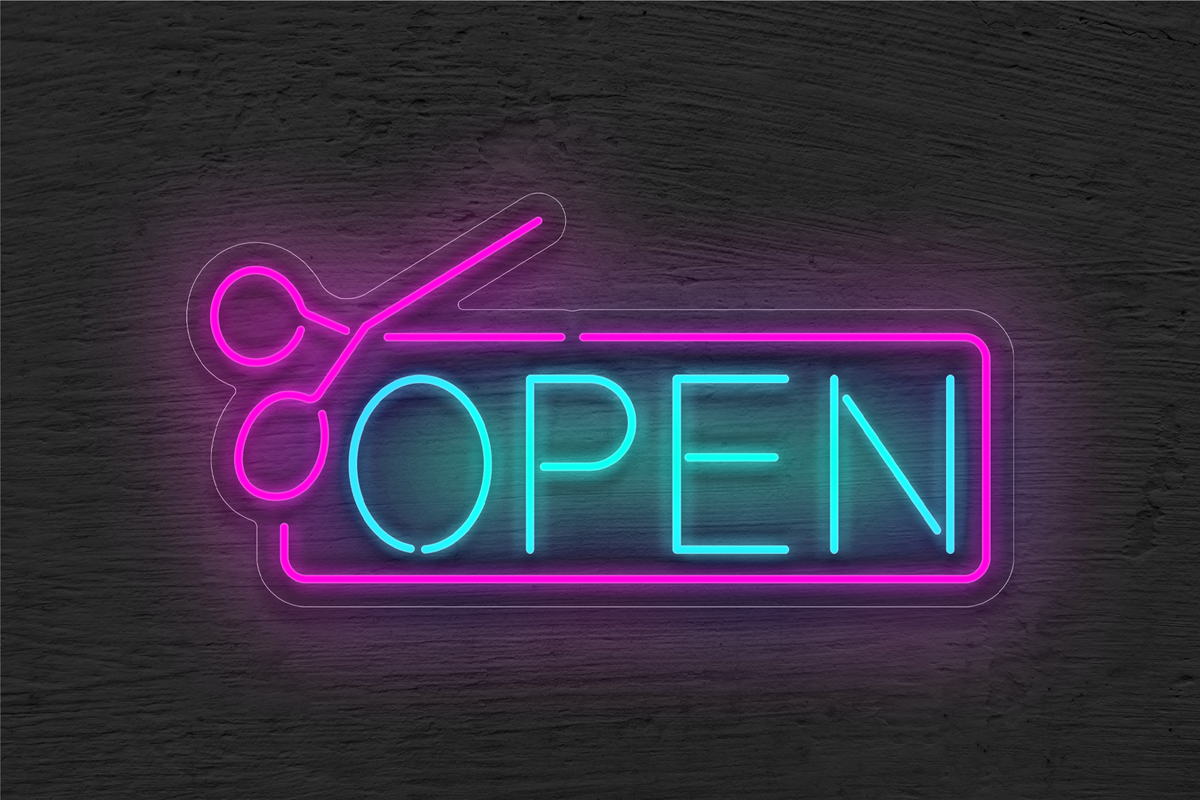 &quot;OPEN&quot; with Border and Scissor LED Neon Sign