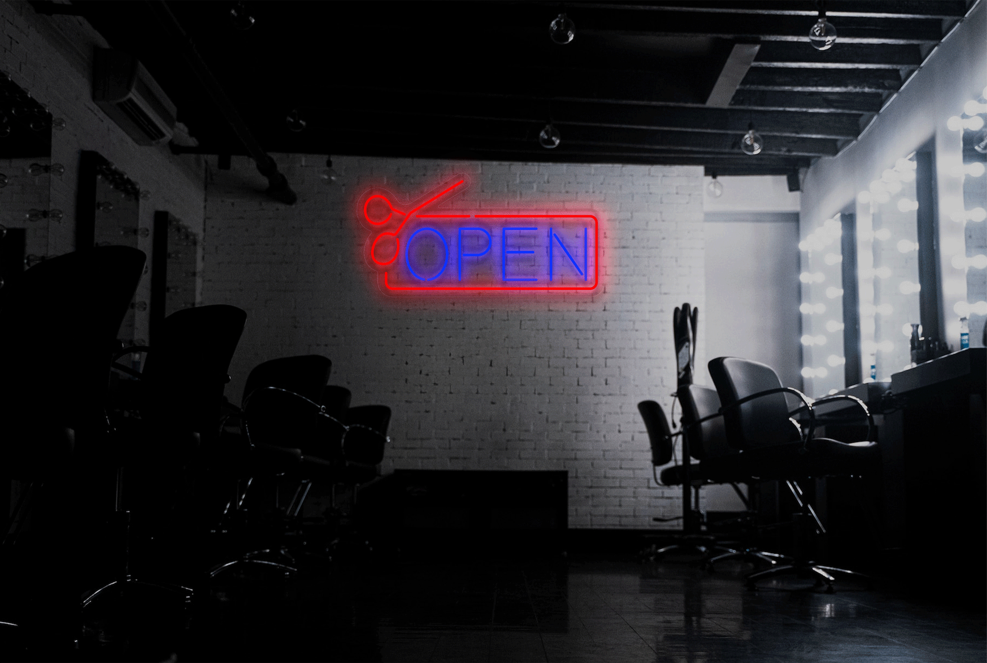 "OPEN" with Border and Scissor LED Neon Sign