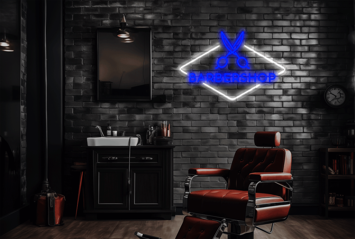 &quot;Barbershop&quot; with Diamond Border and Scissor LED Neon Sign