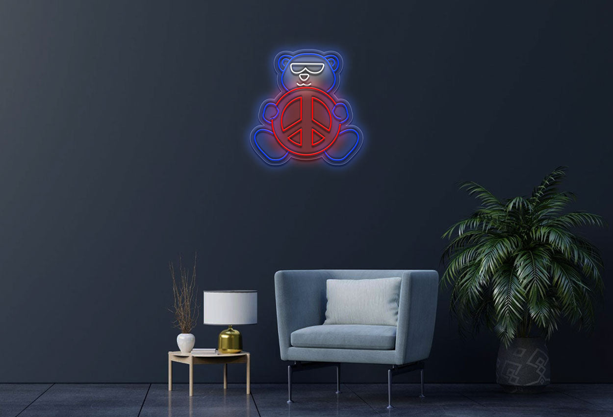 Bear holding Peace sign LED Neon Sign