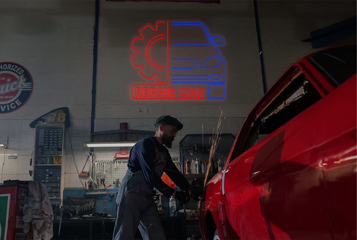 Repair Car Outlined with Logo LED Neon Sign