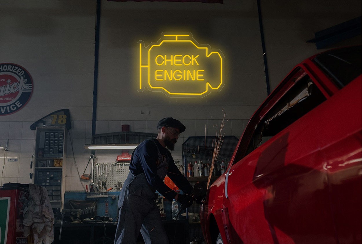 Check Engine with Engine Logo Border LED Neon Sign