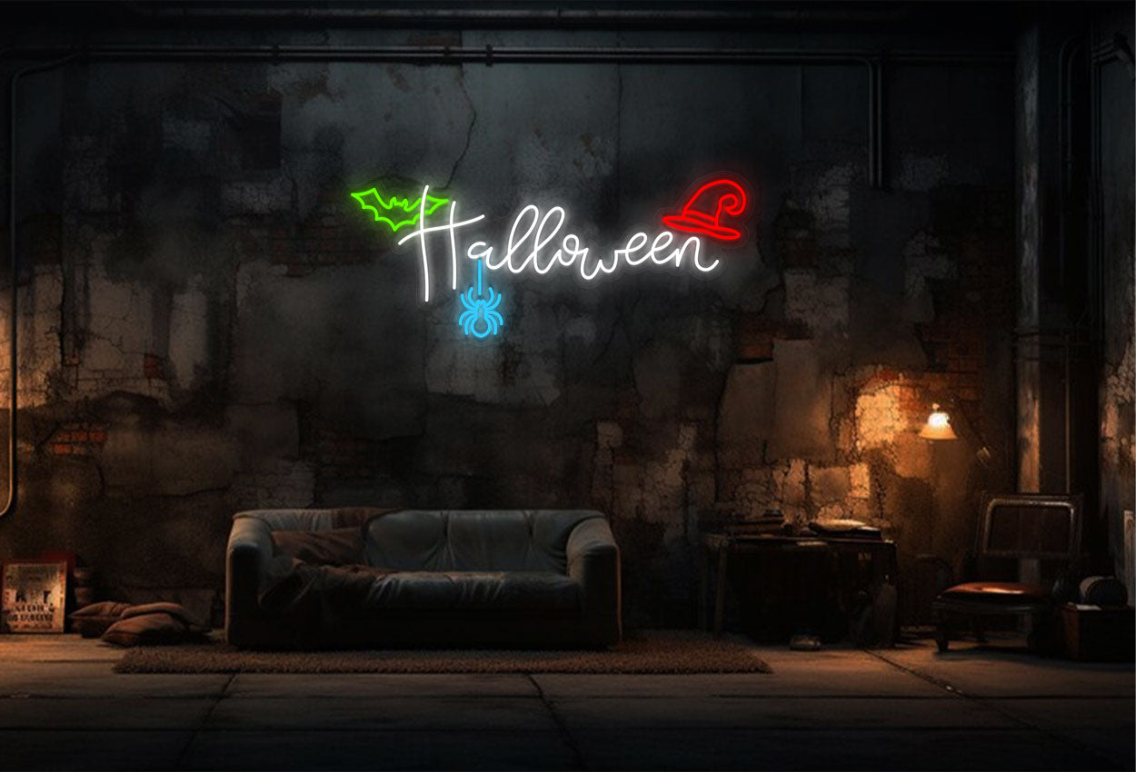 Halloween with Bat Spider Web and Witch Hat LED Neon Sign