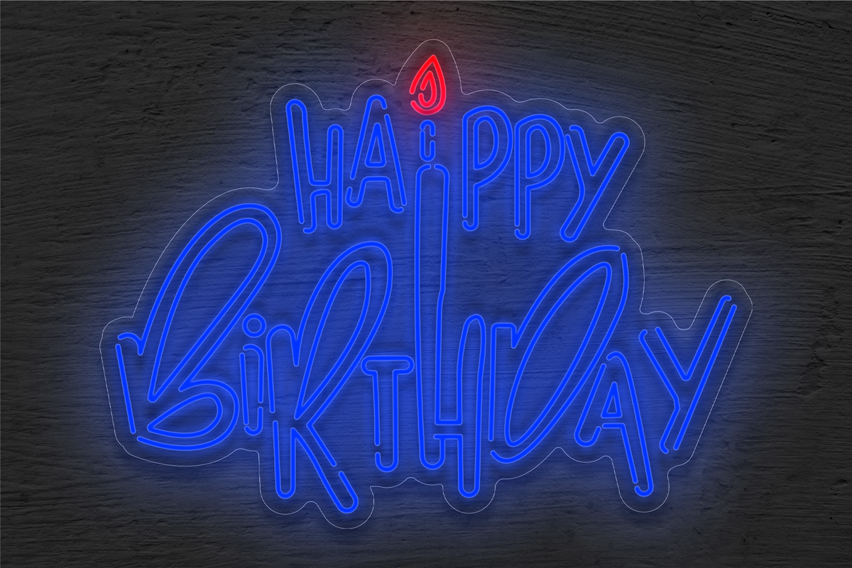 Outlined &quot;Happy Birthday&quot; with Small Fire LED Neon Sign