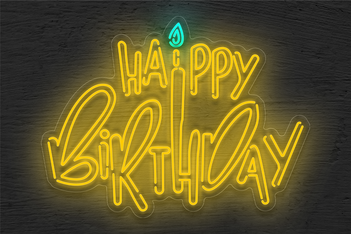 Outlined &quot;Happy Birthday&quot; with Small Fire LED Neon Sign