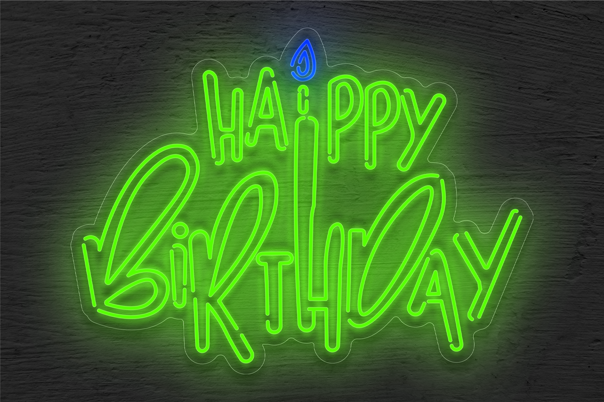 Outlined &quot;Happy Birthday&quot; with Small Fire LED Neon Sign