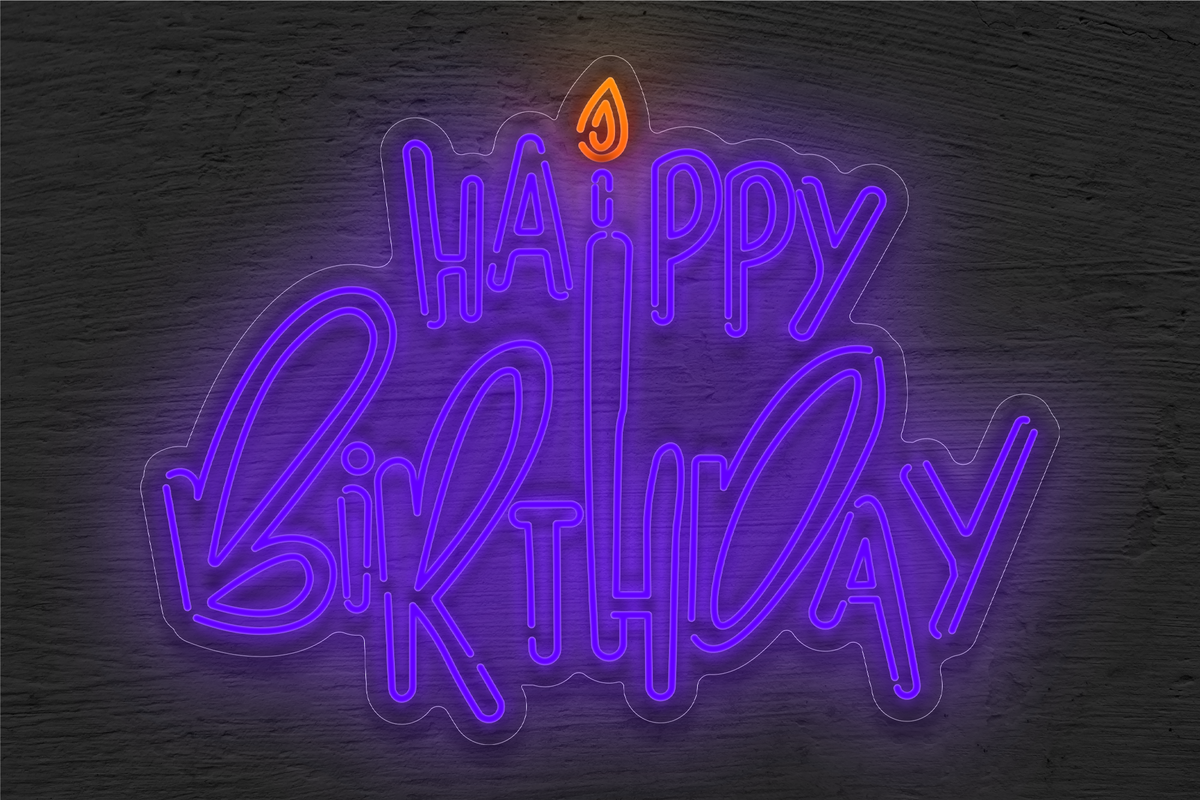 Outlined &quot;Happy Birthday&quot; with Small Fire LED Neon Sign