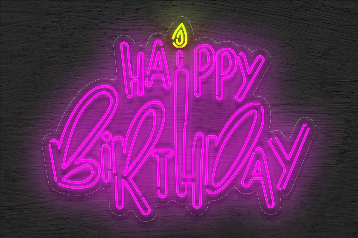 Outlined &quot;Happy Birthday&quot; with Small Fire LED Neon Sign