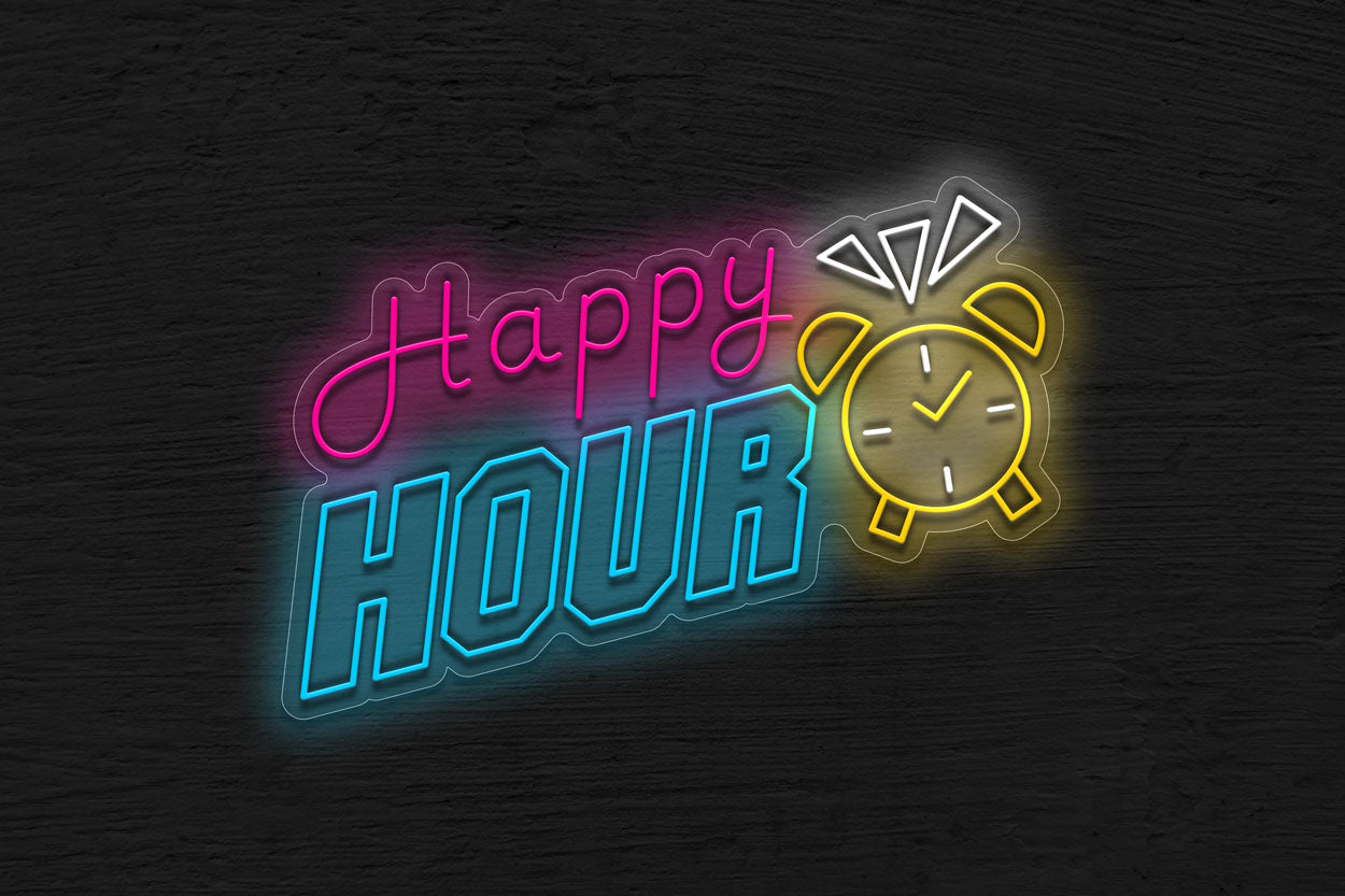 Happy Hour with Alarm Clock LED Neon Sign