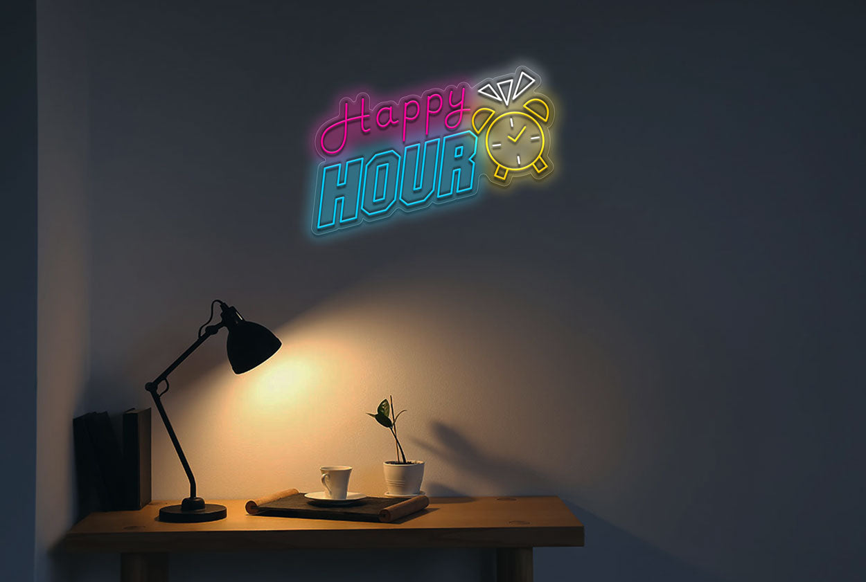 Happy Hour with Alarm Clock LED Neon Sign
