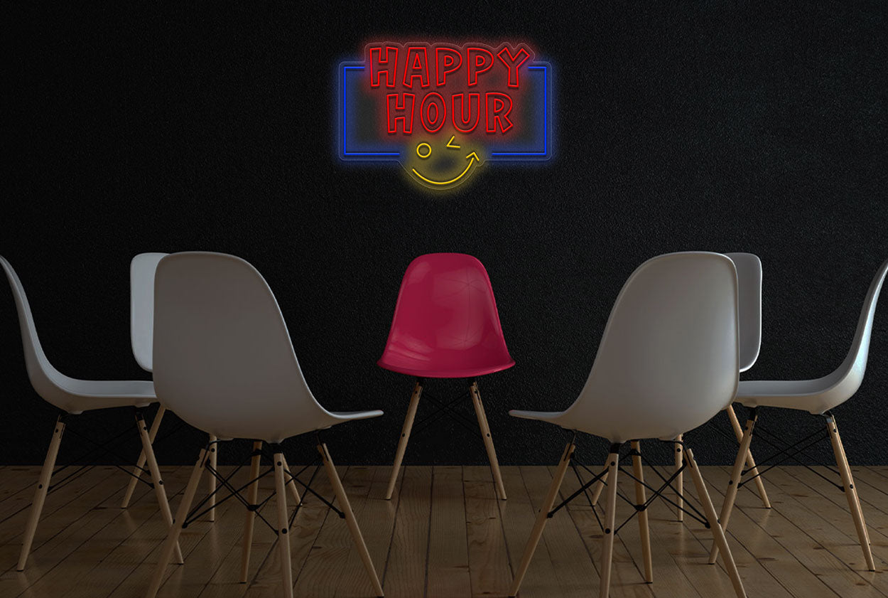 Happy Hour with Blinking Eye Emoji LED Neon Sign