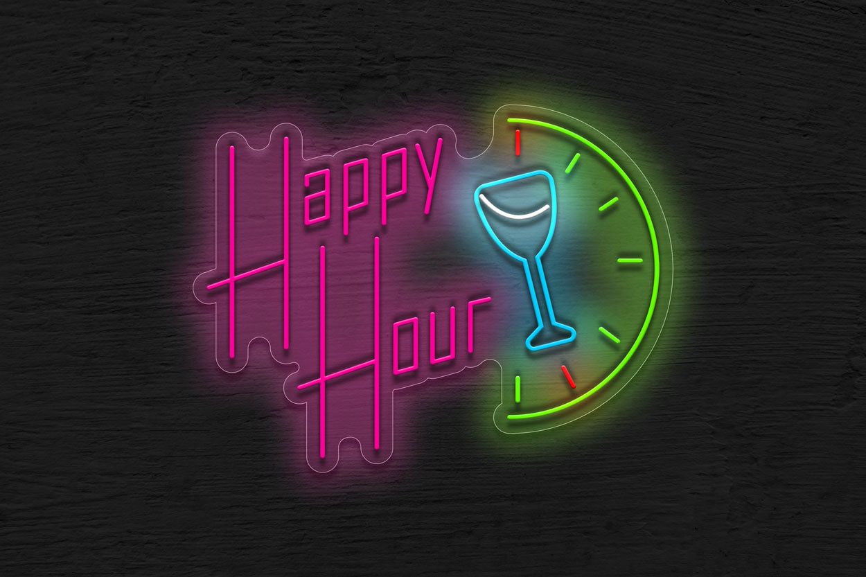Happy Hour with Clock LED Neon Sign