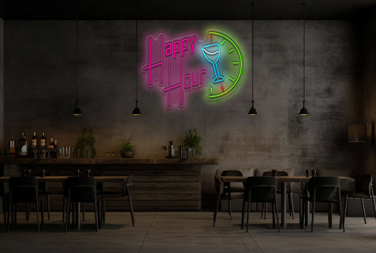 Happy Hour with Clock LED Neon Sign