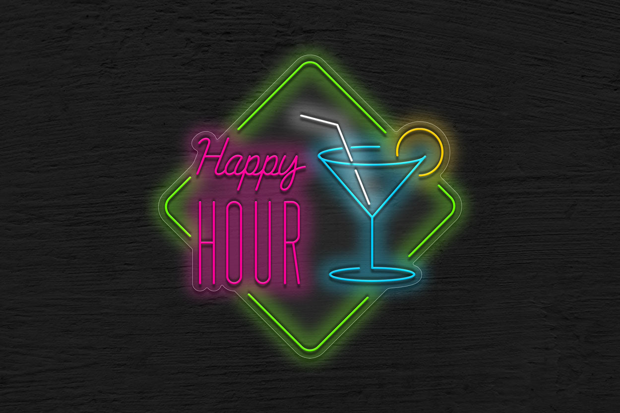 Happy Hour with Martini Glass and Diamond Border LED Neon Sign