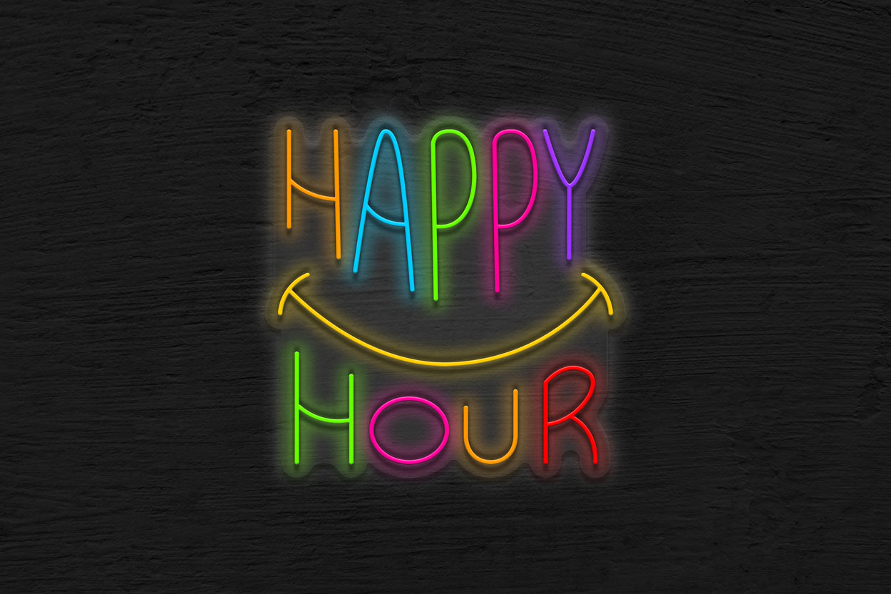 Happy Hour with Smiley Emoji LED Neon Sign