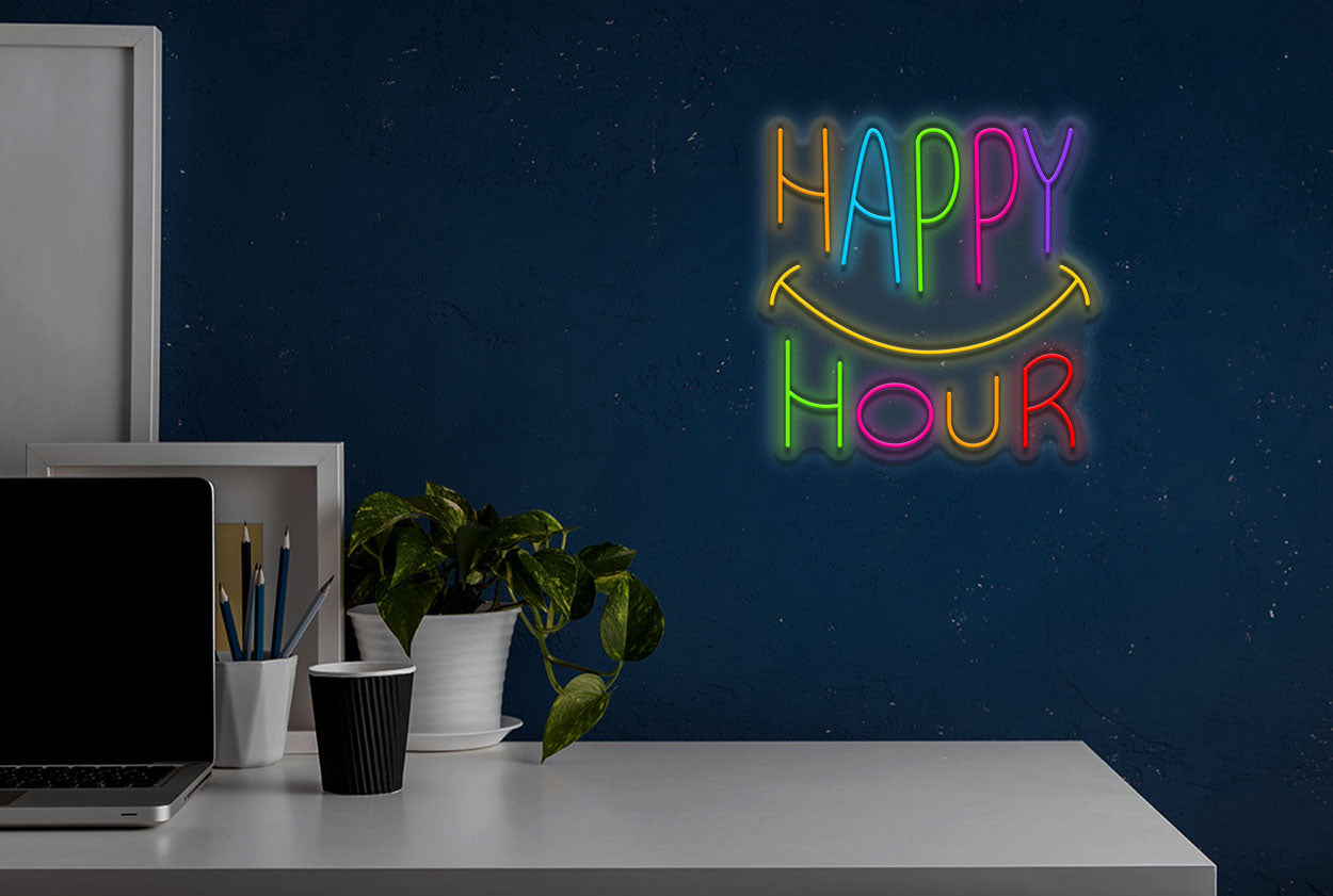Happy Hour with Smiley Emoji LED Neon Sign