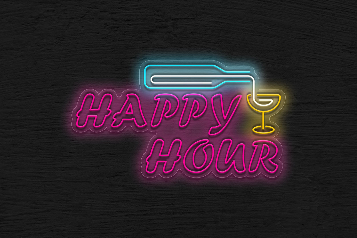 Happy Hour with a bottle of wine and Glass LED Neon Sign