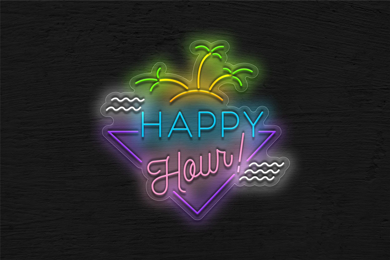 Happy Hour with Trees and Island Neon Sign