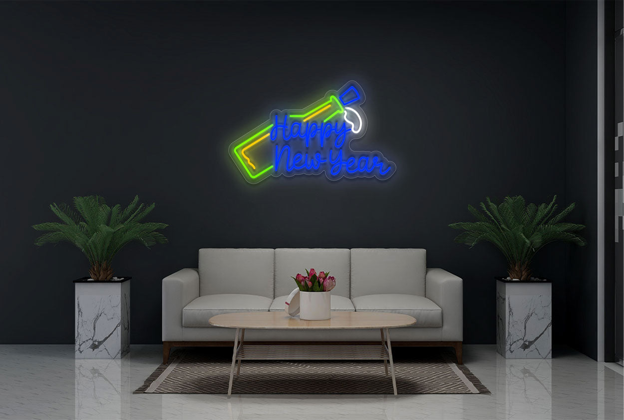 "Happy New Year" with Wine Bottle LED Neon Sign