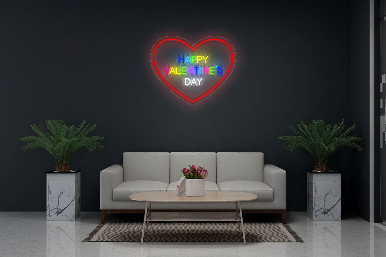 Colorful "Happy Valentines Day" in a Heart Border LED Neon Sign